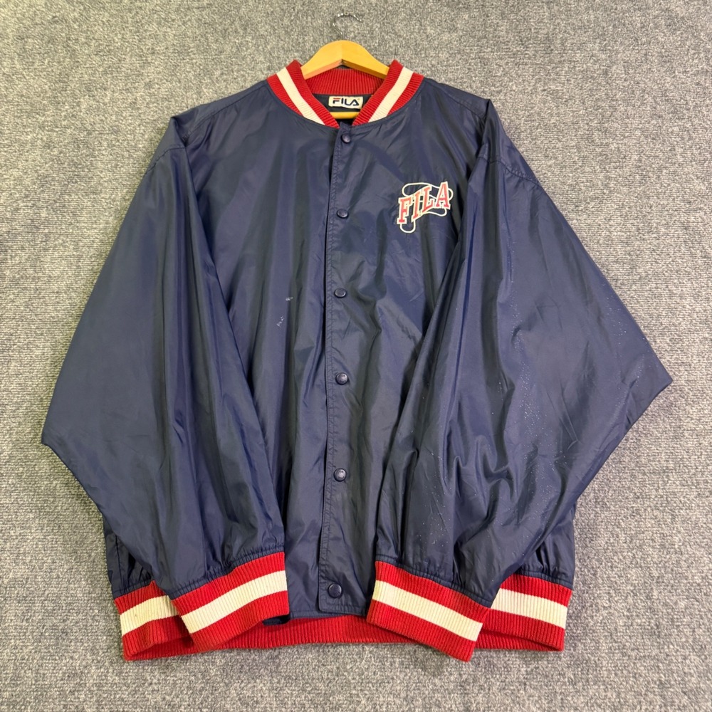 VTG Fila Button Up Nylon Jacket Mens 2XL Navy Blue Y2K 90s Striped